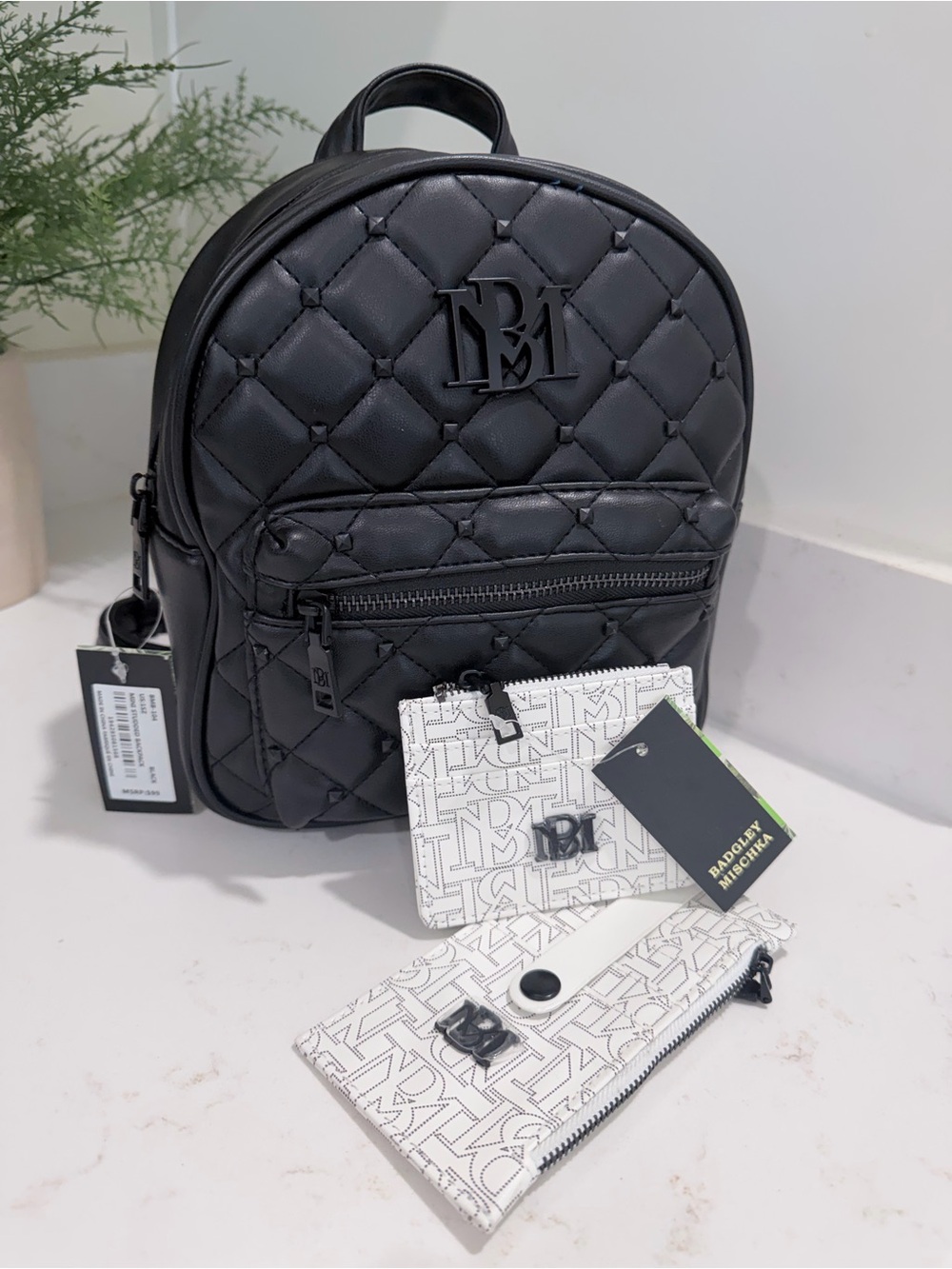 Badgley Mischka Black Quilted Mini Backpack with White Logo Cardholder Set
